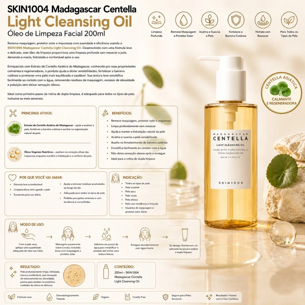 SKIN1004 Madagascar Centella Light Cleansing Oil – Óleo de Limpeza Facial 200ml - Imagem 2