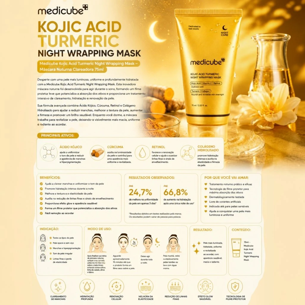Medicube Kojic Acid Turmeric Night Wrapping Mask – Máscara Noturna Clareadora 75ml - Imagem 3