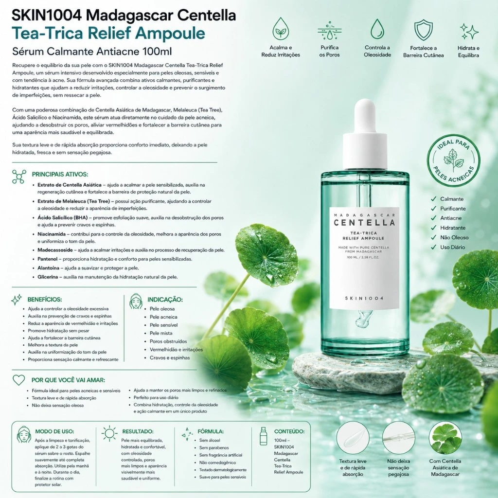 SKIN1004 Madagascar Centella Tea-Trica Relief Ampoule – Sérum Calmante Antiacne 100ml - Imagem 3