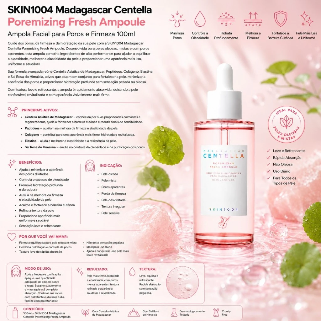 SKIN1004 Madagascar Centella Poremizing Fresh Ampoule – Ampola Facial para Poros e Firmeza 100ml - Imagem 3