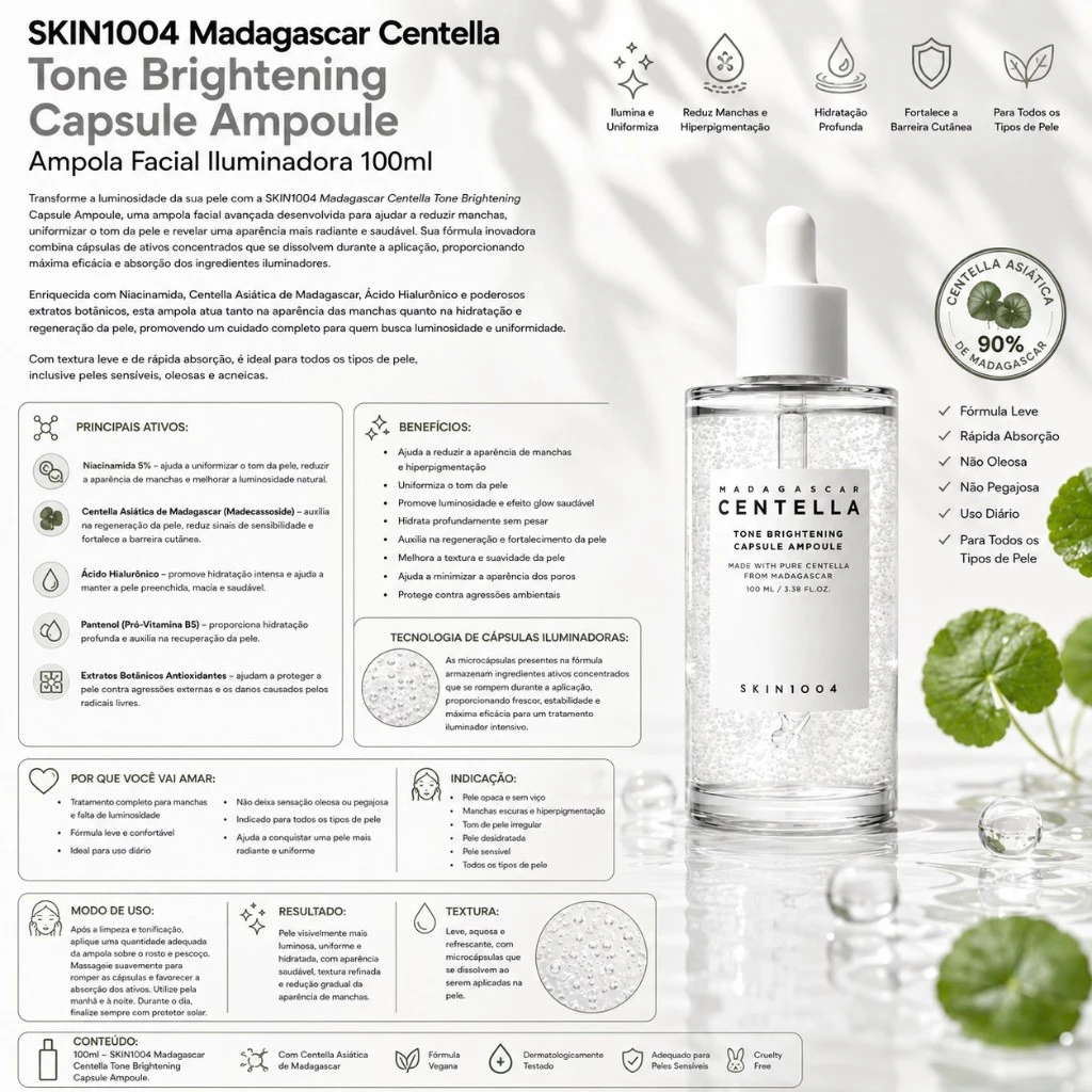 SKIN1004 Madagascar Centella Tone Brightening Capsule Ampoule – Ampola Facial Iluminadora 100ml - Imagem 3