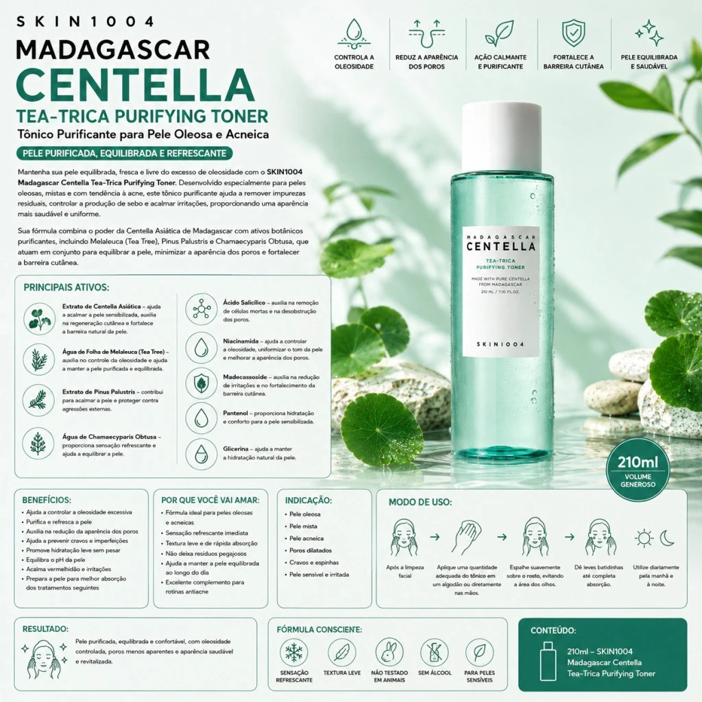 SKIN1004 Madagascar Centella Tea-Trica Purifying Toner – Tônico Purificante para Pele Oleosa e Acneica 210ml - Imagem 3