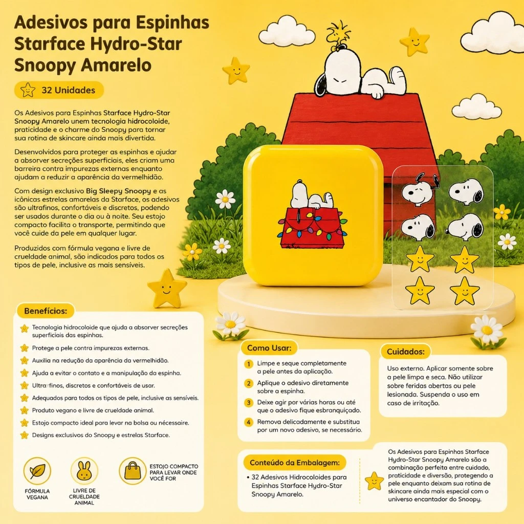 Adesivos Para Espinhas Starface Hydro-star Snoopy Amarelo (32 Unidades) - Imagem 3